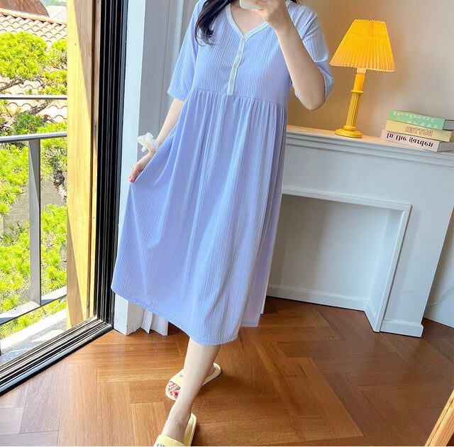 拼色坑紋家居哺乳連身裙