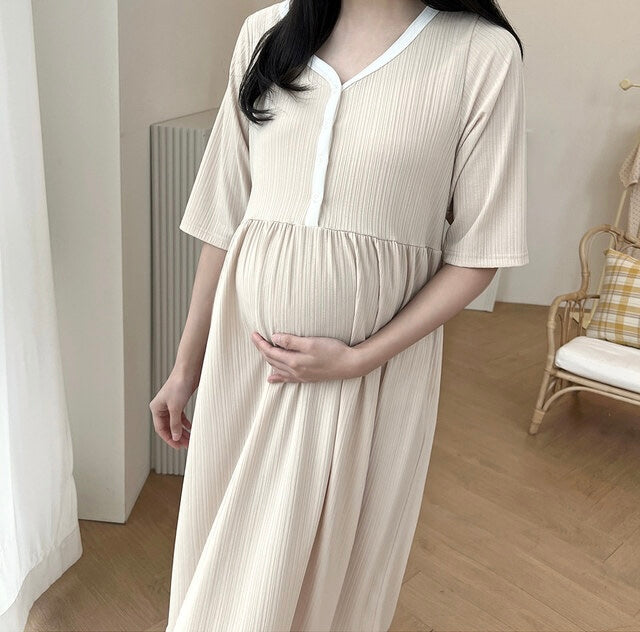拼色坑紋家居哺乳連身裙
