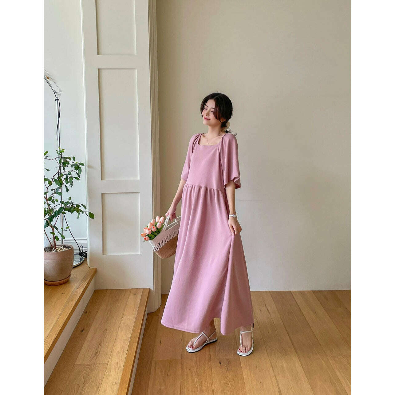 MUMMY.cc:方領無皺寬袖孕婦大碼連身裙