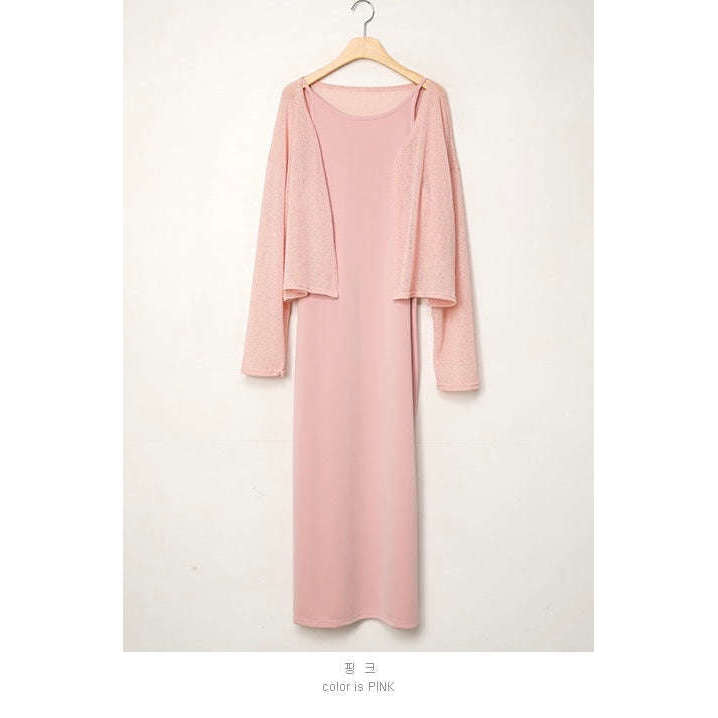 MUMMY.cc:修身入膊後開衩連衣長裙搭薄外套:Pink