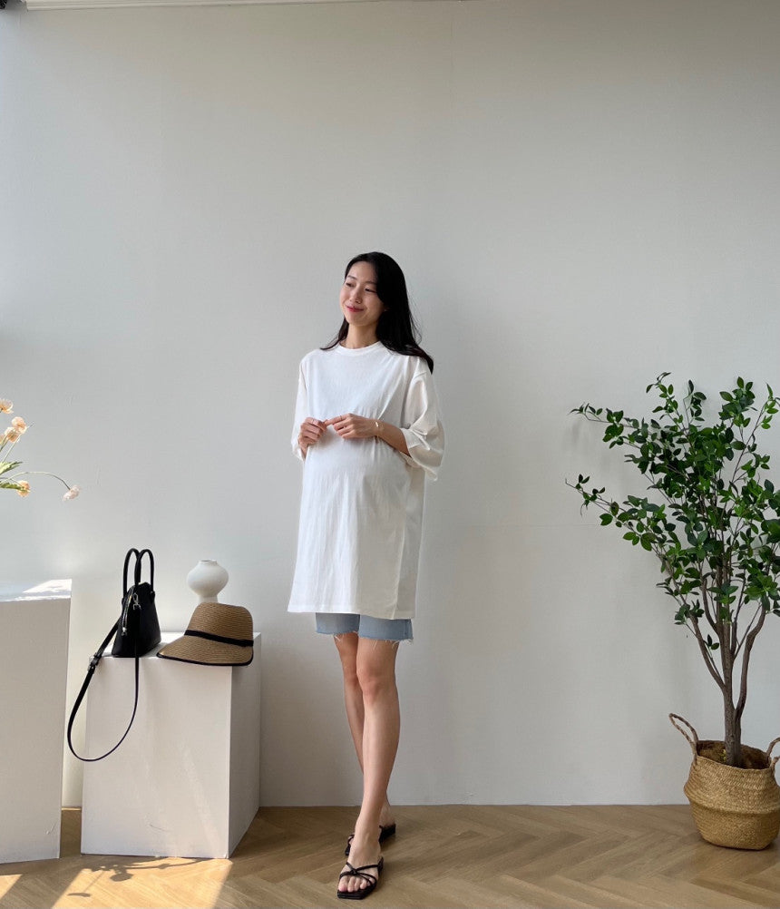 簡約流蘇4分長孕婦牛仔褲