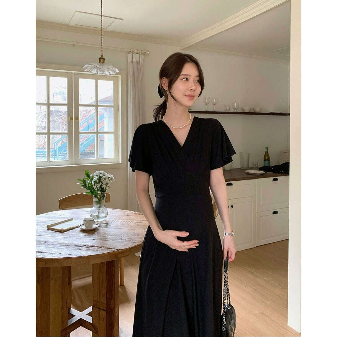MUMMY.cc:舒適彈性裹式飛袖連身裙