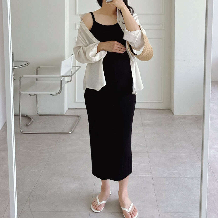 MUMMY.cc:春夏修身羅紋吊帶後開衩連身裙