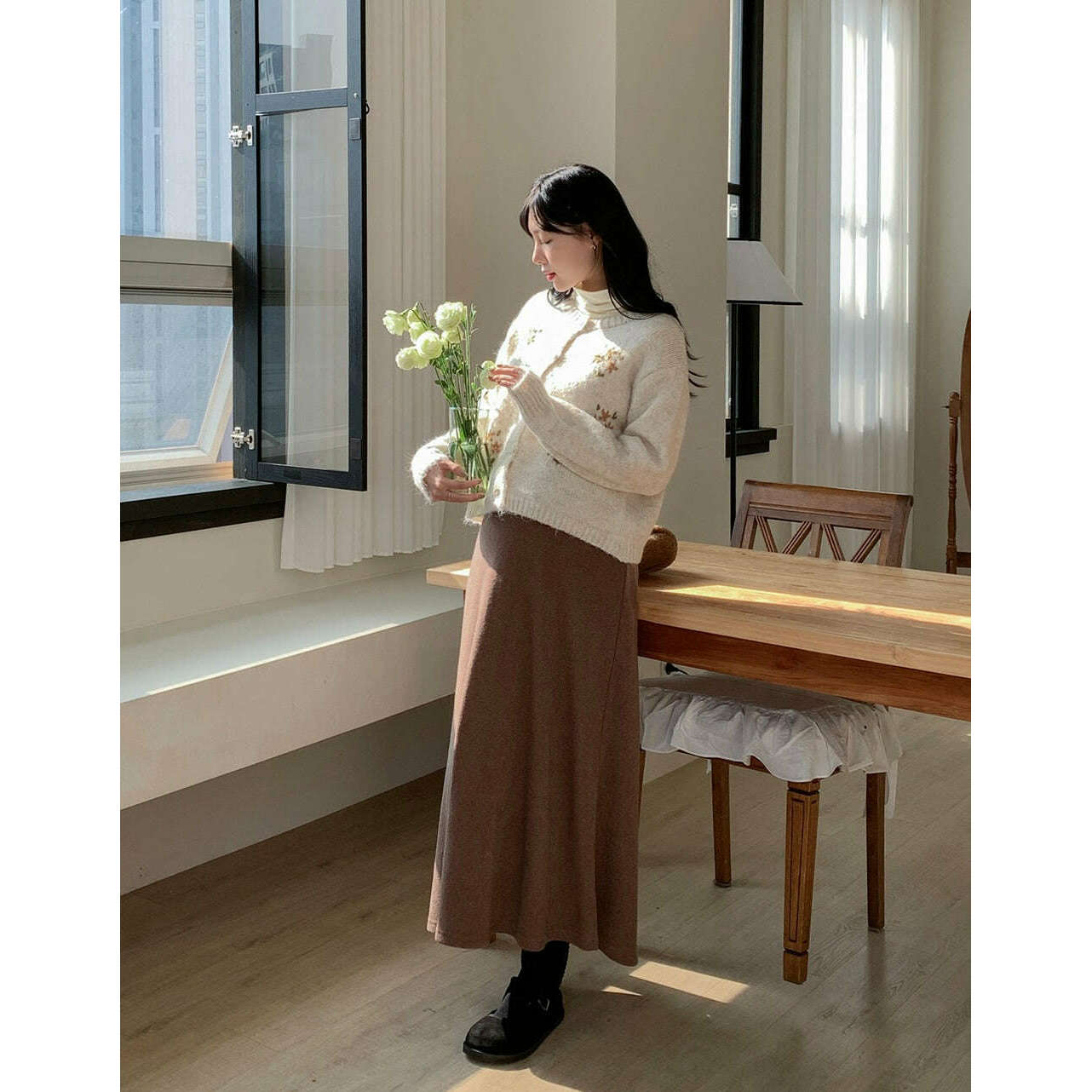 MUMMY.cc:孕婦針織A-line磨毛大裙擺半褶長裙
