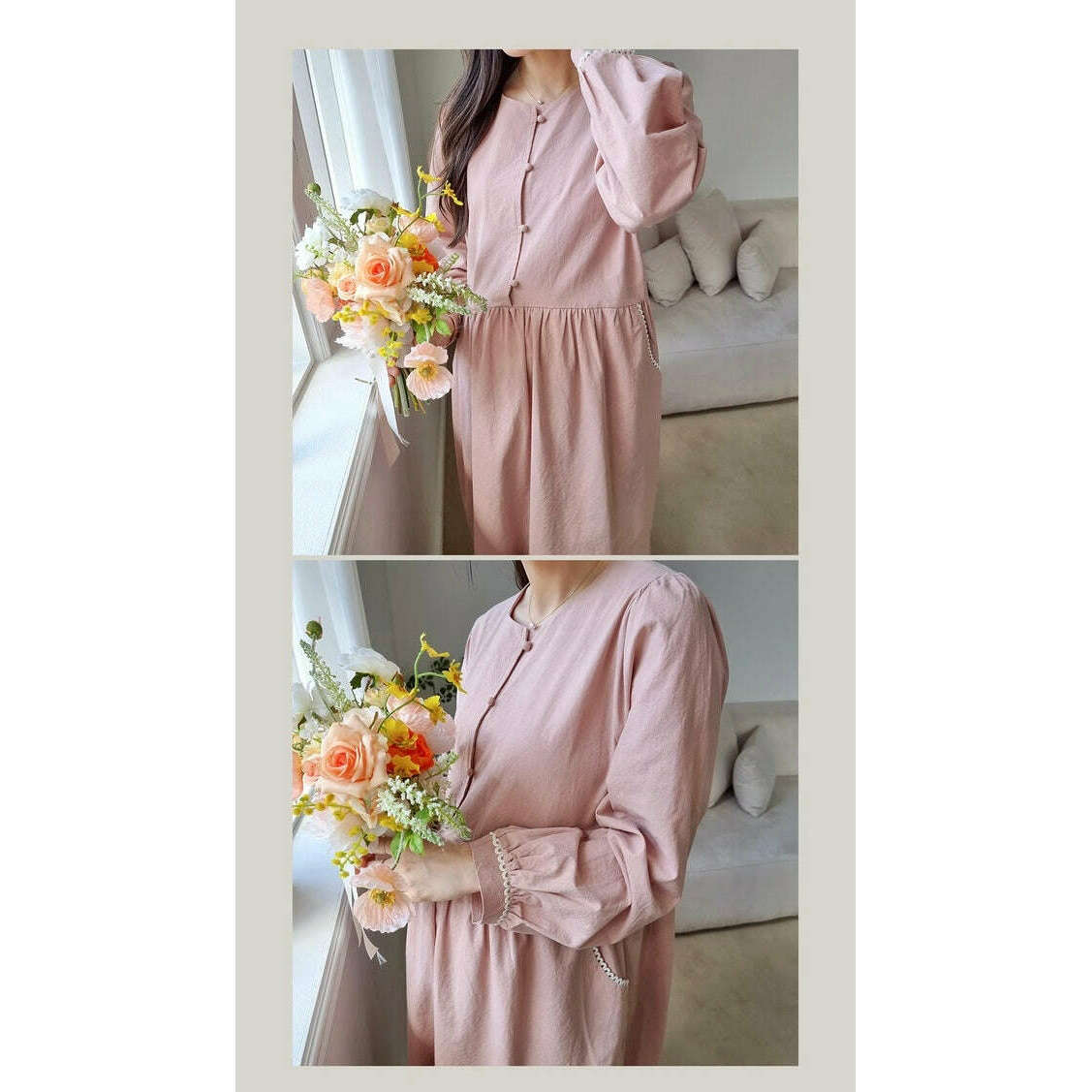 MUMMY.cc:純棉豆豆鈕蕾絲邊哺乳孕婦裙