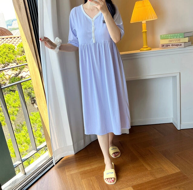 拼色坑紋家居哺乳連身裙
