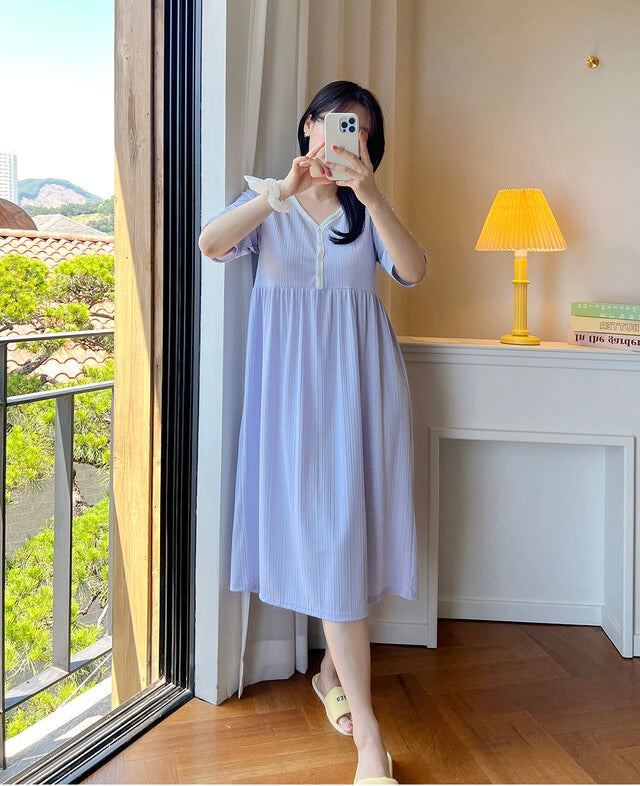 拼色坑紋家居哺乳連身裙