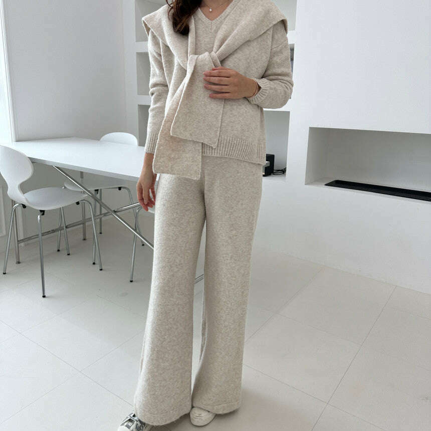MUMMY.cc:V領針織上衣長褲披肩3件套裝