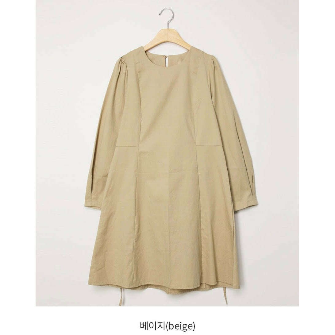 MUMMY.cc:春秋圓領長袖收腰綁帶連身短裙:Beige