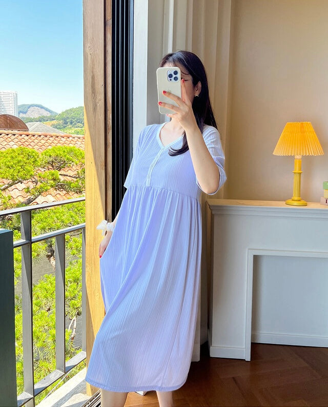 拼色坑紋家居哺乳連身裙