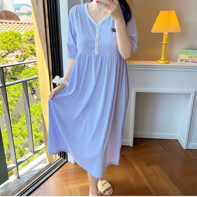 拼色坑紋家居哺乳連身裙