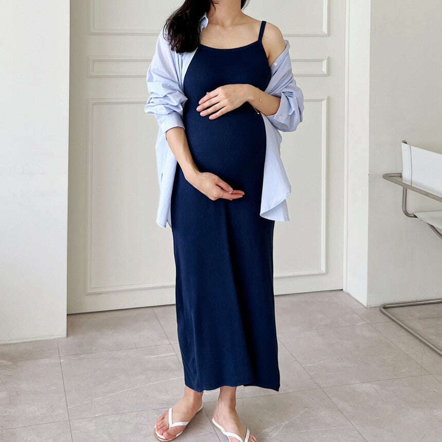 MUMMY.cc:春夏修身羅紋吊帶後開衩連身裙
