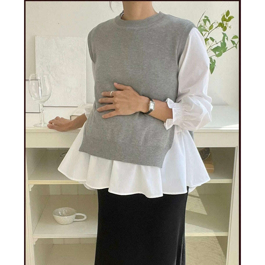 MUMMY.cc:荷葉邊長袖襯衫後開衩針織套裝