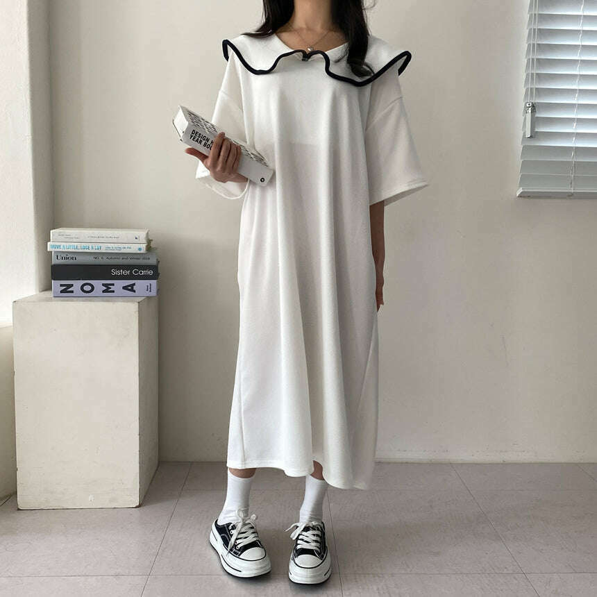 MUMMY.cc:夏季拼色邊娃娃領寬鬆連身裙