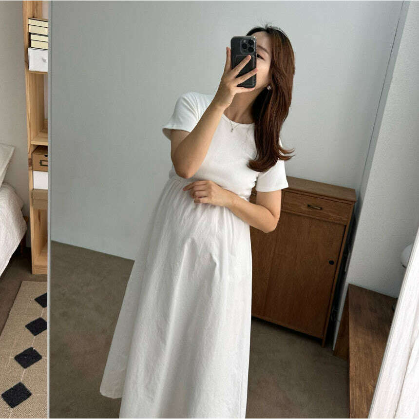 MUMMY.cc:簡約短袖拼接收腰連身裙