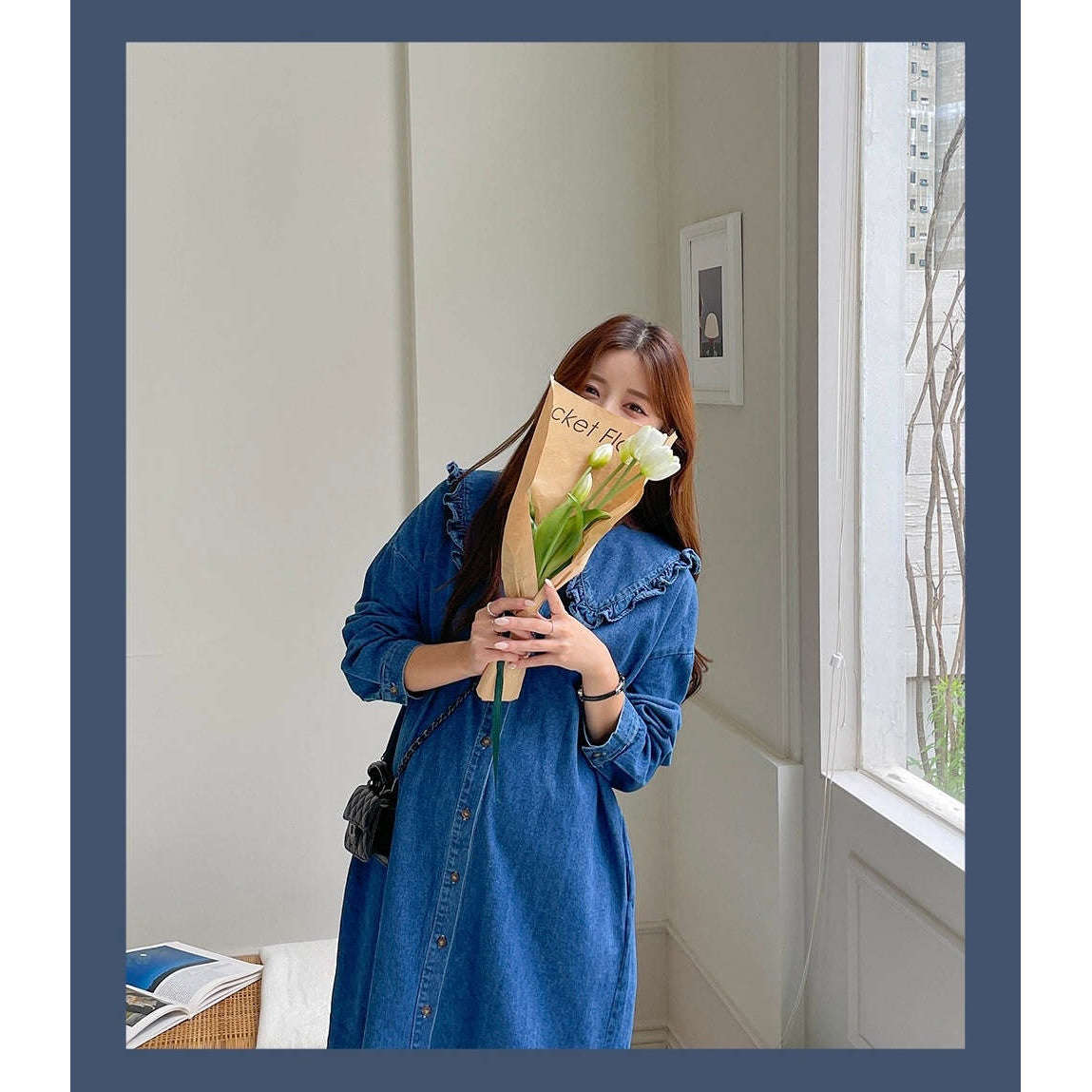 MUMMY.cc:長袖娃娃領牛仔收腰綁帶連身裙(預訂款)