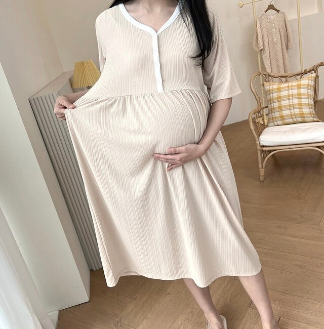 拼色坑紋家居哺乳連身裙
