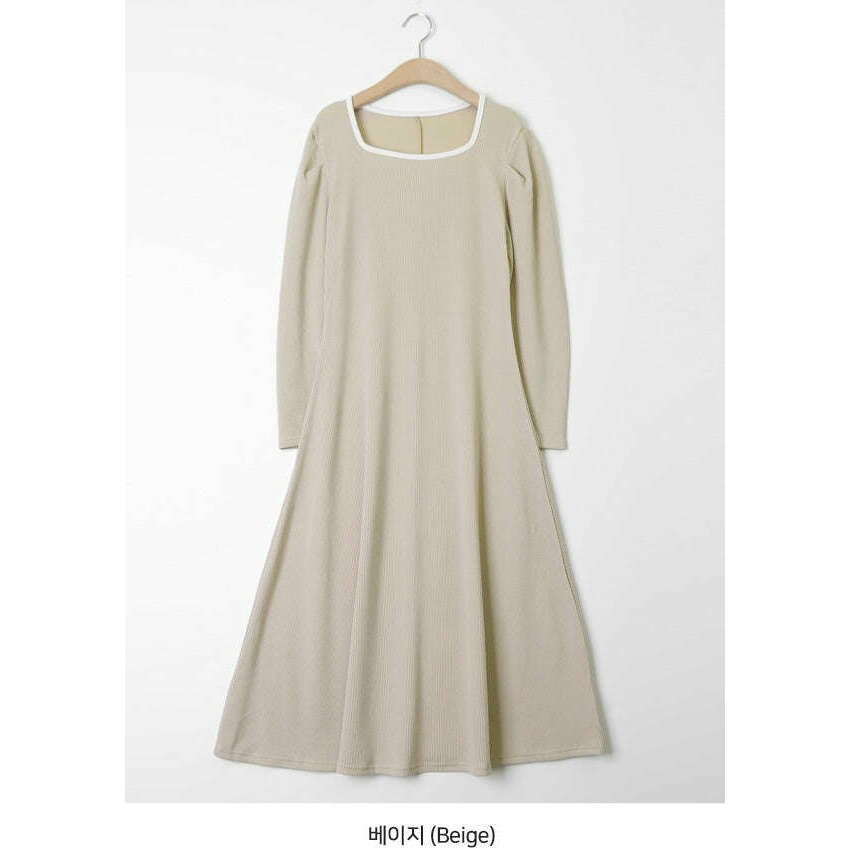 MUMMY.cc:純色拼色方領A Line連身裙:Beige
