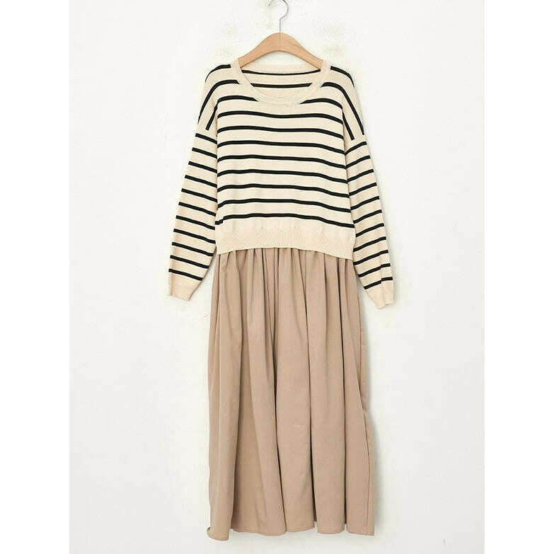 MUMMY.cc:條紋拼接假兩件連身裙:Beige