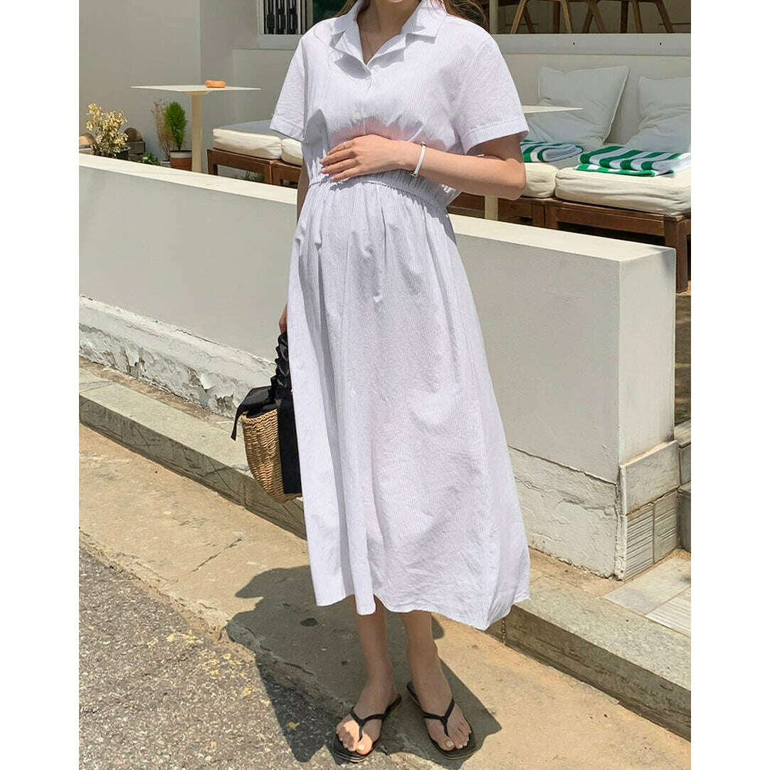 MUMMY.cc:清爽條紋襯衫半開鈕連身裙