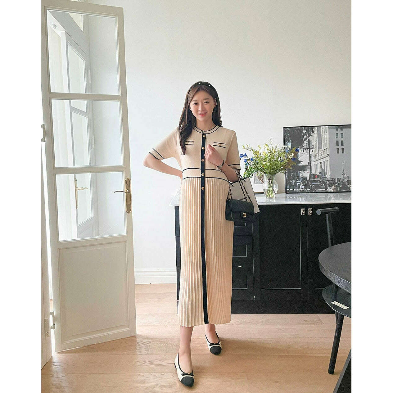 MUMMY.cc:短袖金鈕百褶連身裙