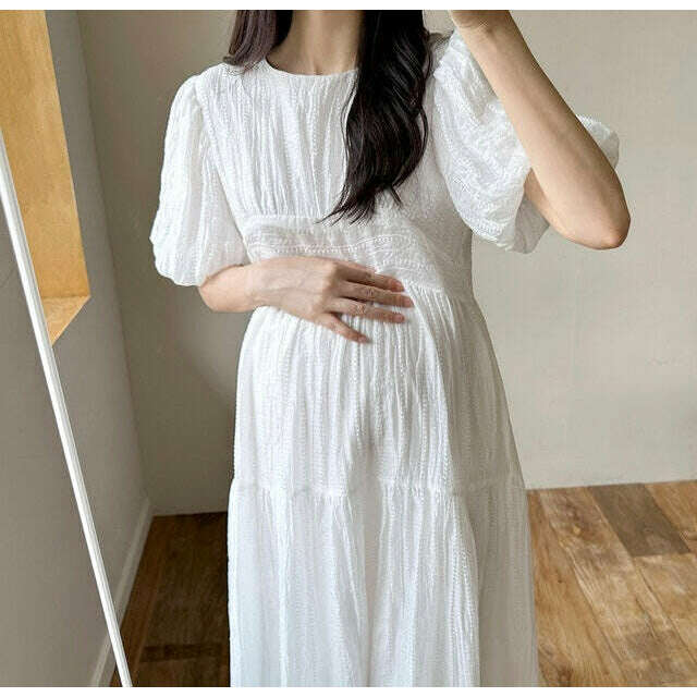 MUMMY.cc:雪紡鏤空泡袖綁帶連身裙
