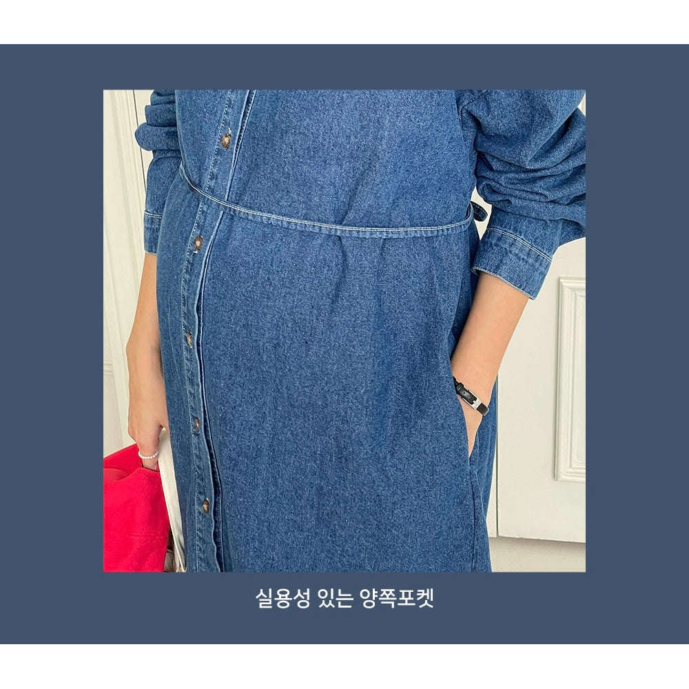 MUMMY.cc:長袖娃娃領牛仔收腰綁帶連身裙(預訂款)