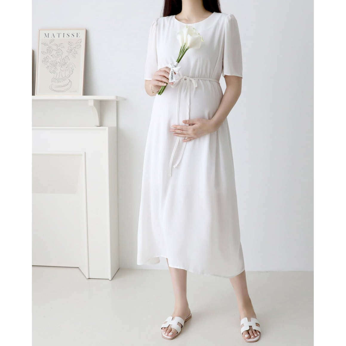 MUMMY.cc:優美大方腰帶雪紡連身裙:White(現貨)