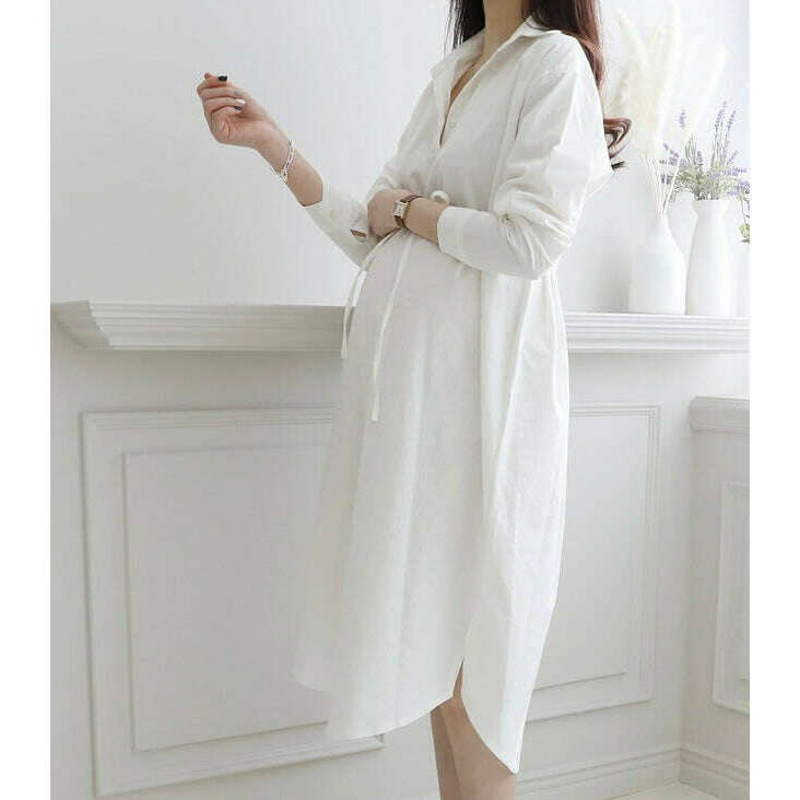 MUMMY.cc:孕婦純棉恤衫翻領綁帶連身裙