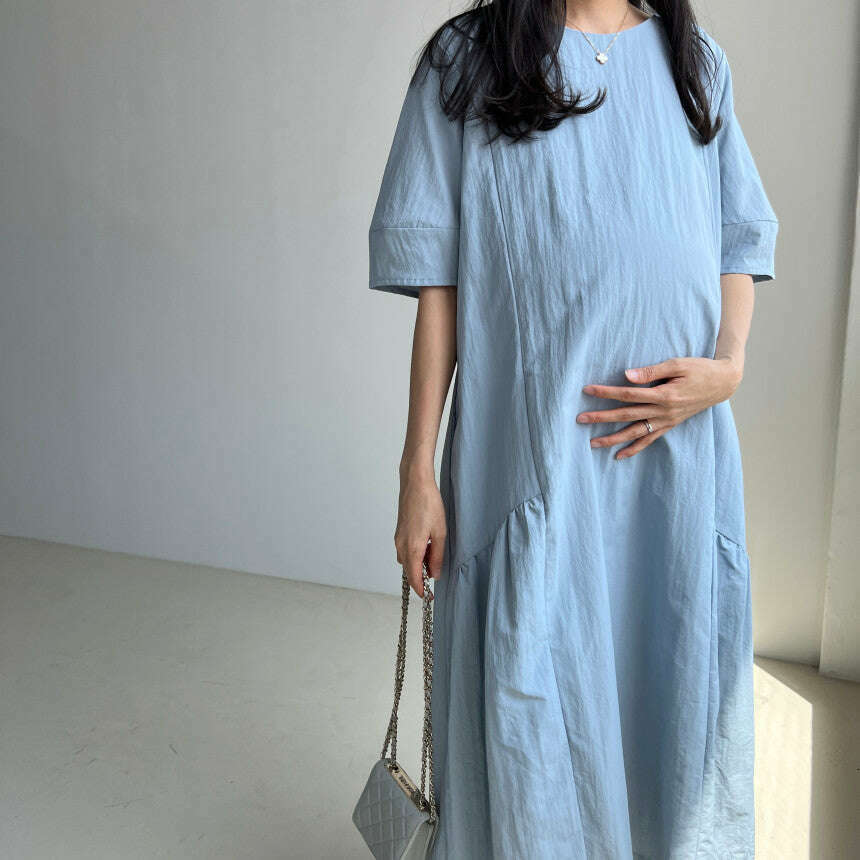 MUMMY.cc:寬鬆尼龍褶皺孕婦連身裙