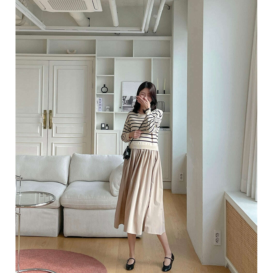 MUMMY.cc:條紋拼接假兩件連身裙