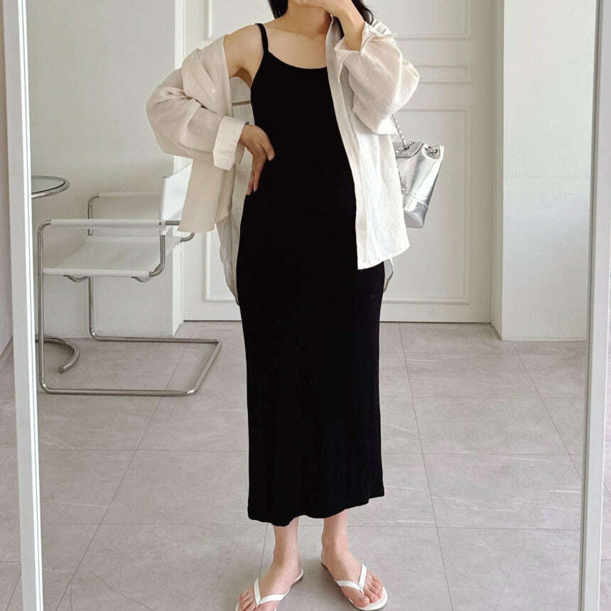 MUMMY.cc:春夏修身羅紋吊帶後開衩連身裙