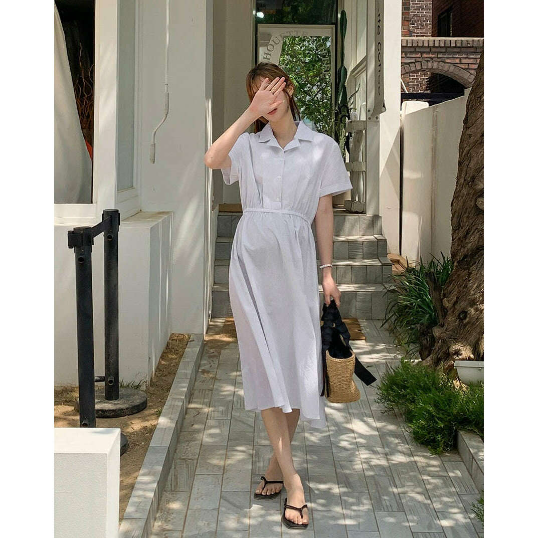 MUMMY.cc:清爽條紋襯衫半開鈕連身裙