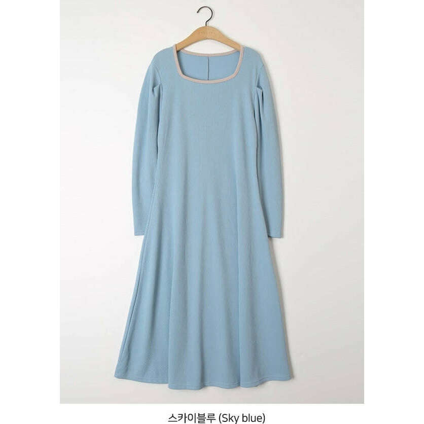 MUMMY.cc:純色拼色方領A Line連身裙:Sky Blue