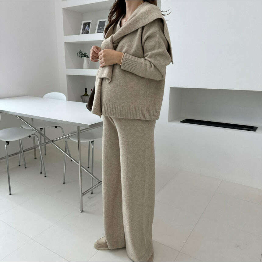 MUMMY.cc:V領針織上衣長褲披肩3件套裝