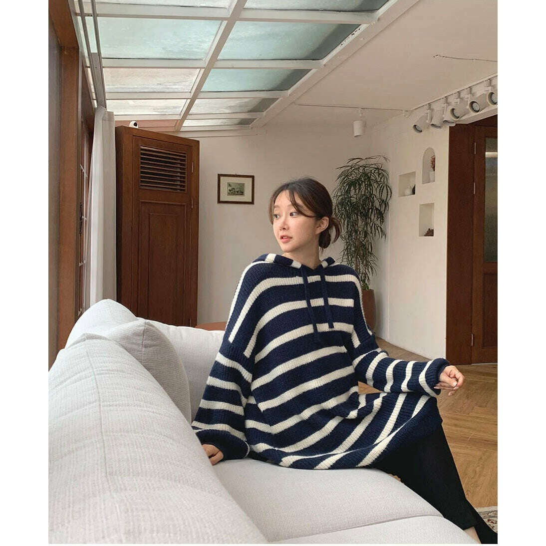 MUMMY.cc:Hood knit stripe casual one-piece