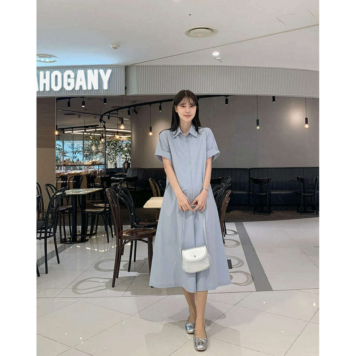 MUMMY.cc:孕婦翻領褶袖帶口袋連身裙