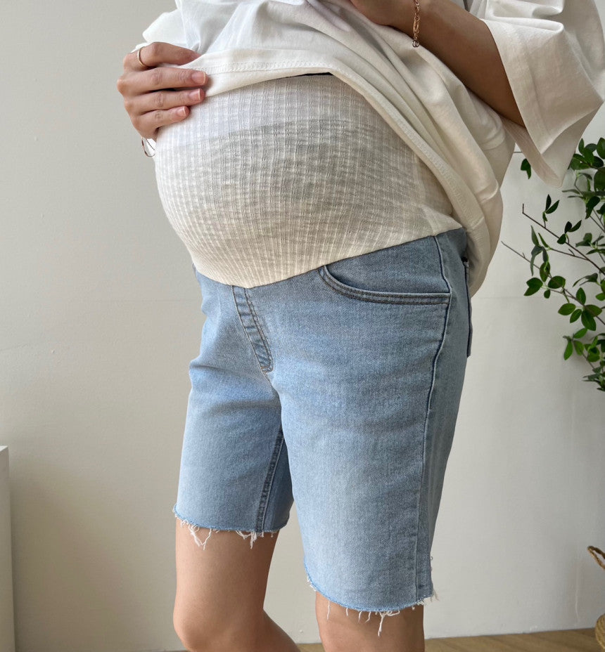 簡約流蘇4分長孕婦牛仔褲