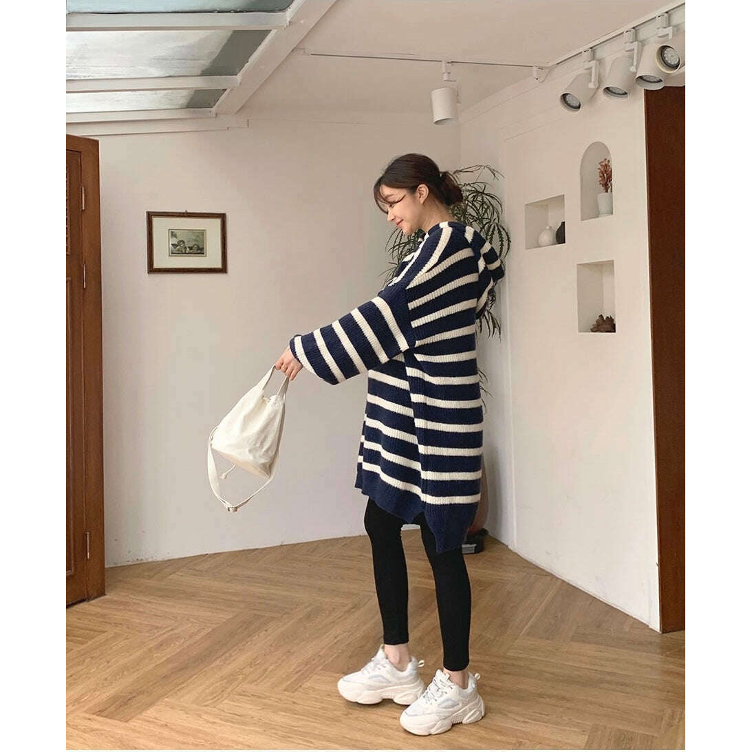 MUMMY.cc:Hood knit stripe casual one-piece