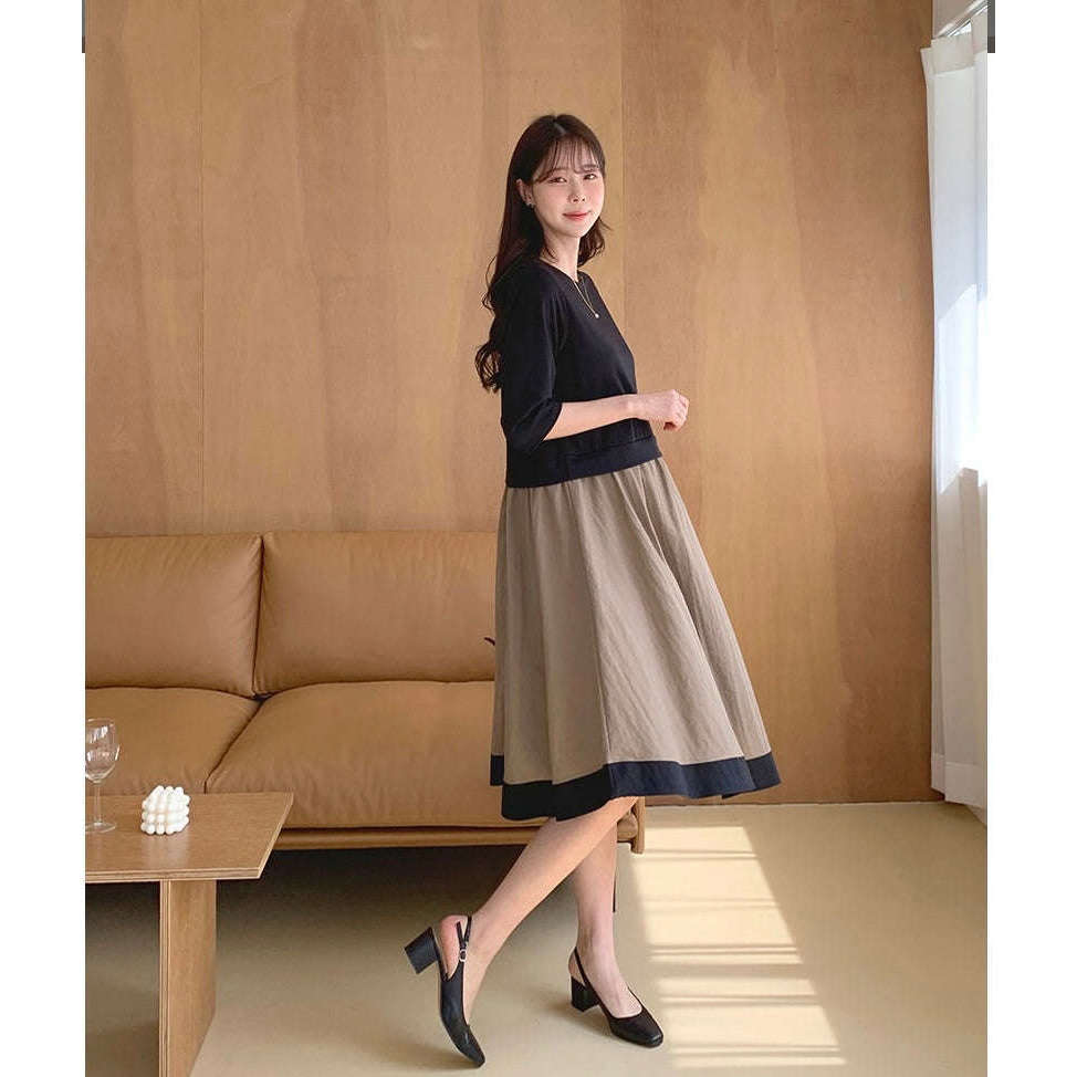 MUMMY.cc:圓領T恤拼接7分袖假兩件連身裙(新款預訂)