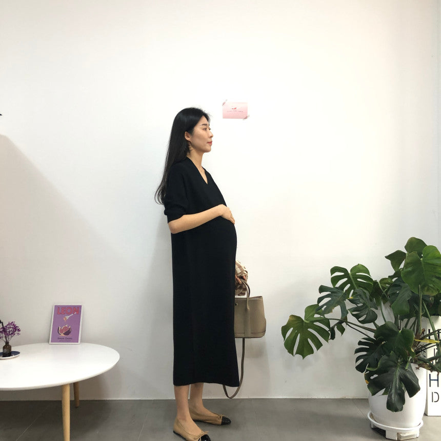 V領針織優雅連身裙
