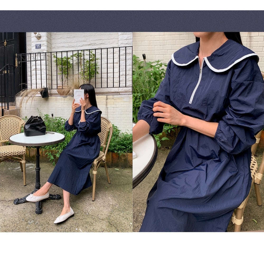 MUMMY.cc:尼龍翻圓領抽繩長袖連身裙