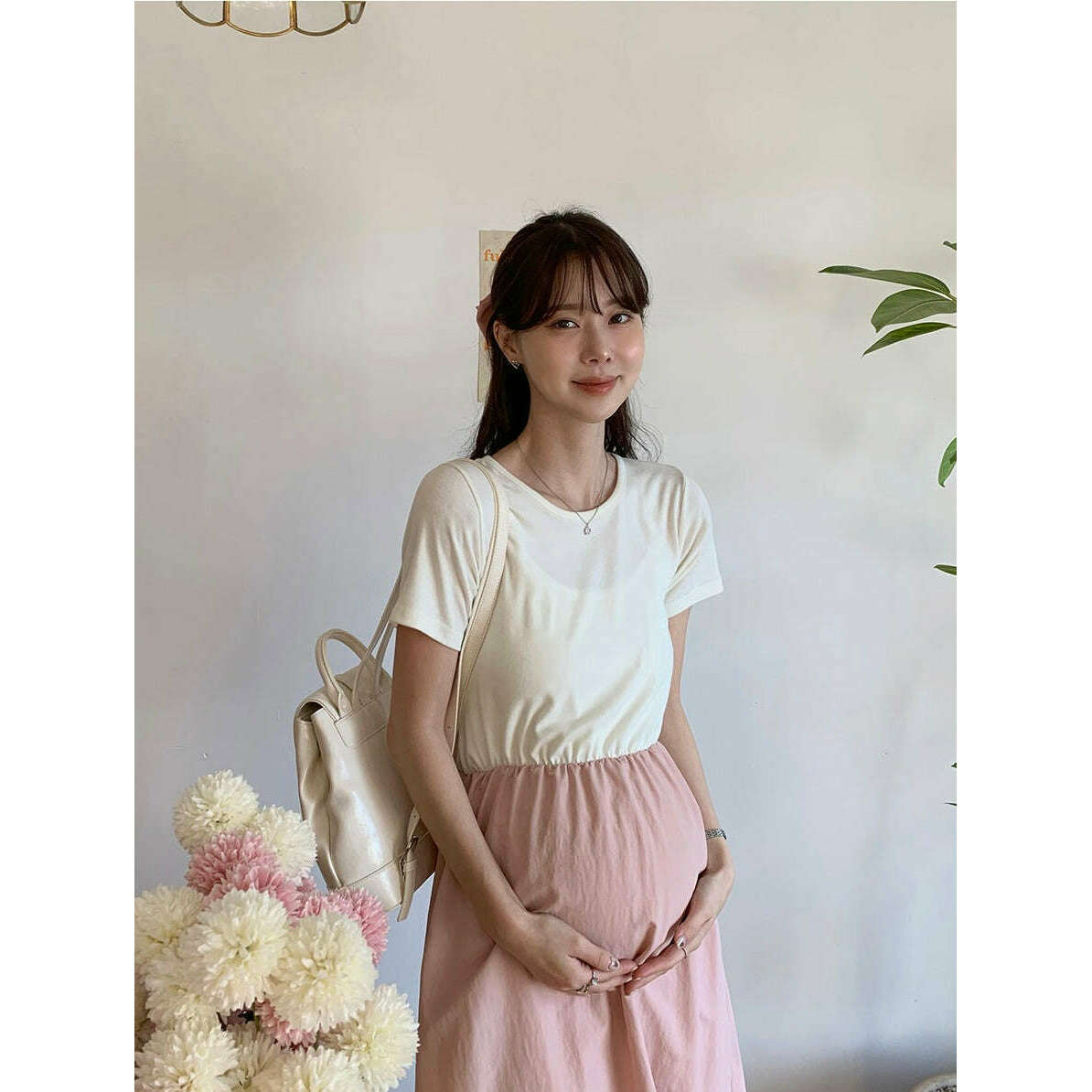 MUMMY.cc:純色圓領拼色A-line連身裙
