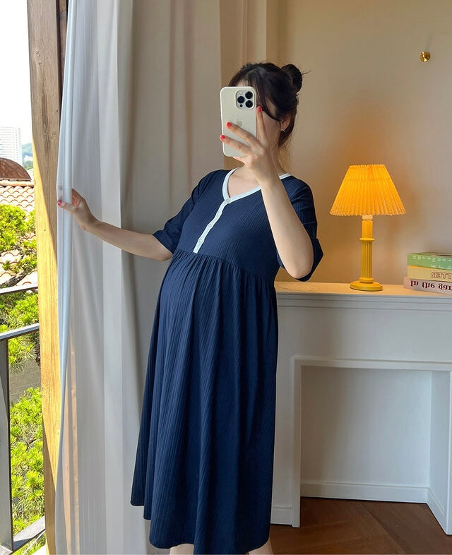 拼色坑紋家居哺乳連身裙