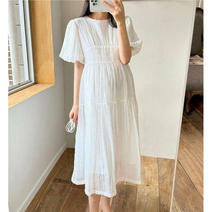 MUMMY.cc:雪紡鏤空泡袖綁帶連身裙