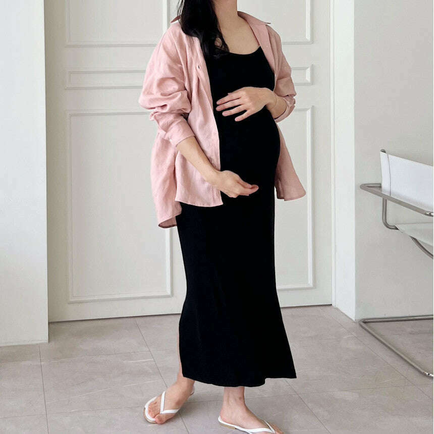 MUMMY.cc:春夏修身羅紋吊帶後開衩連身裙