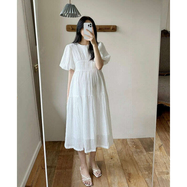 MUMMY.cc:雪紡鏤空泡袖綁帶連身裙