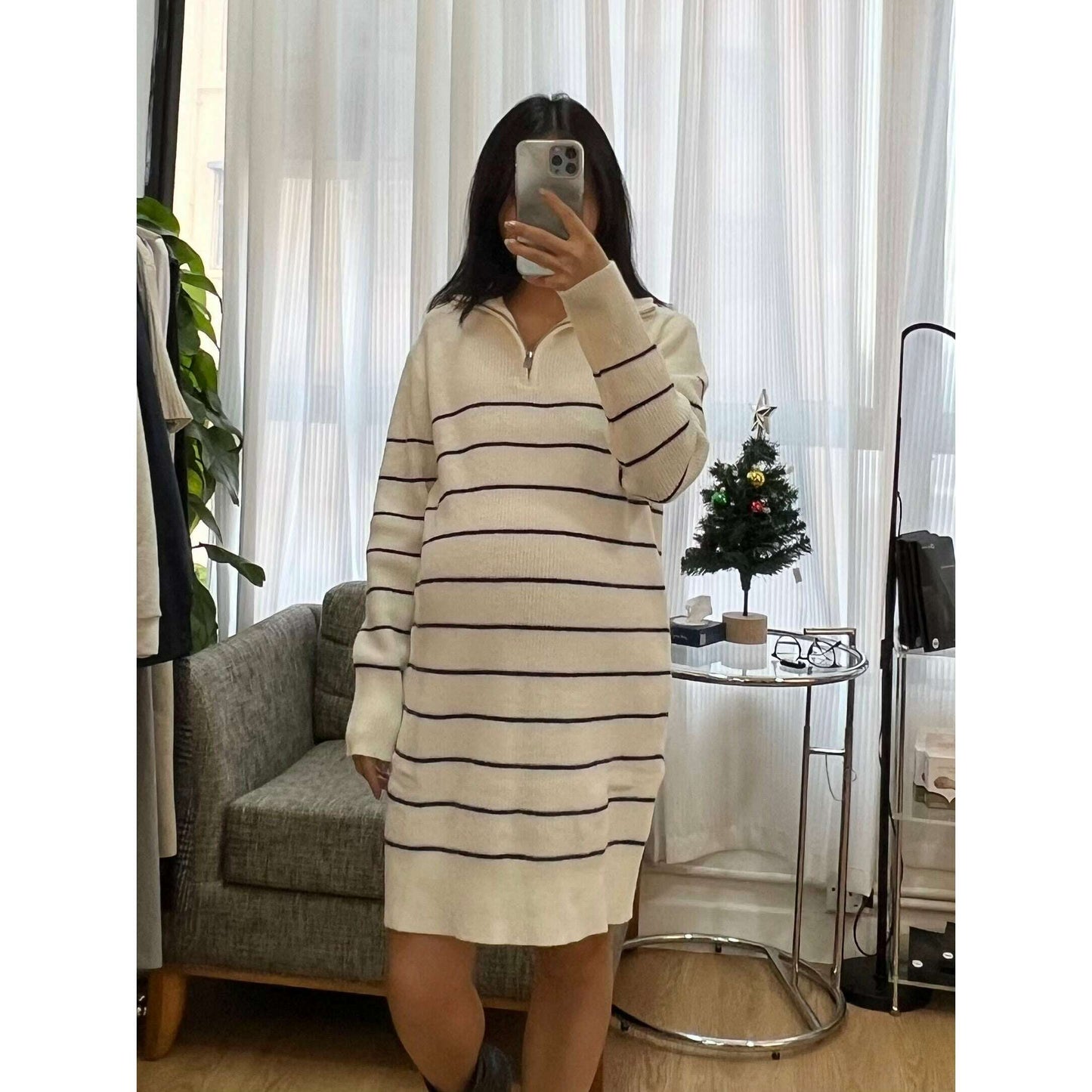MUMMY.cc:翻領細橫間短針織裙