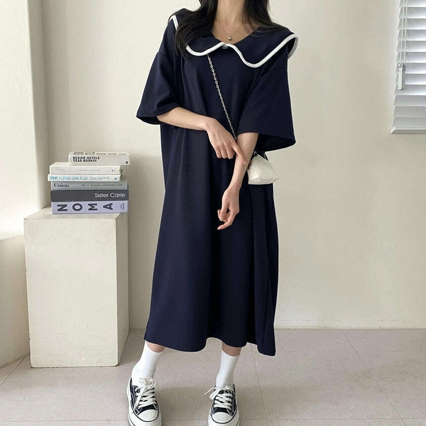 MUMMY.cc:夏季拼色邊娃娃領寬鬆連身裙
