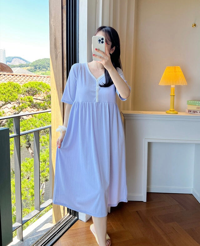 拼色坑紋家居哺乳連身裙